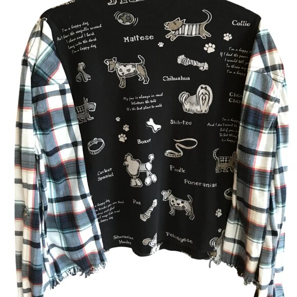 Upcycled Flannel Puppy Print Shirt, Size S-M: Oversized Sweater Top, Fringy Hem - Picture 8 of 13